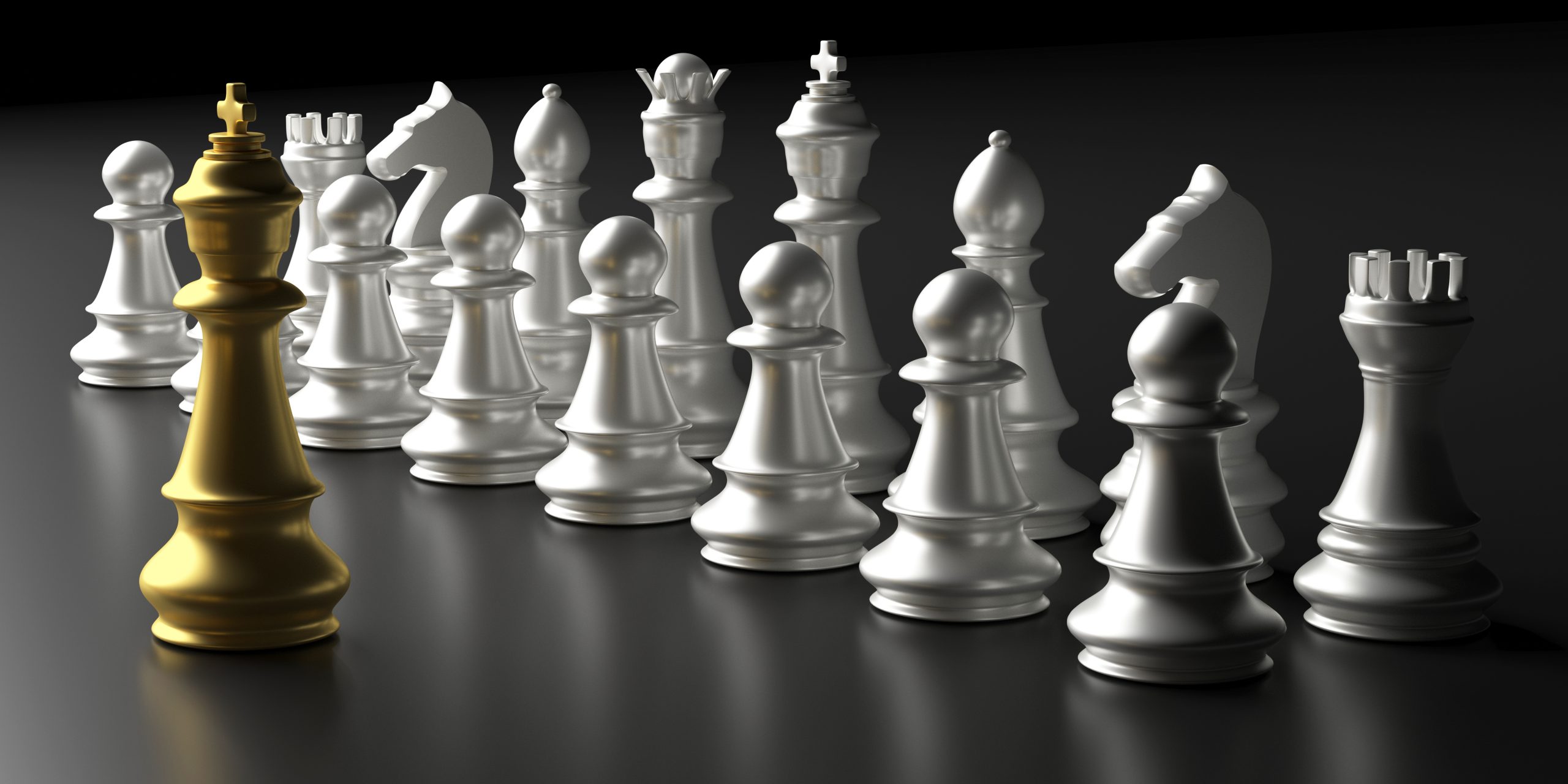 Leader, business success concept. Chess king gold standing ahead silver chess set on black background. 3d illustration
